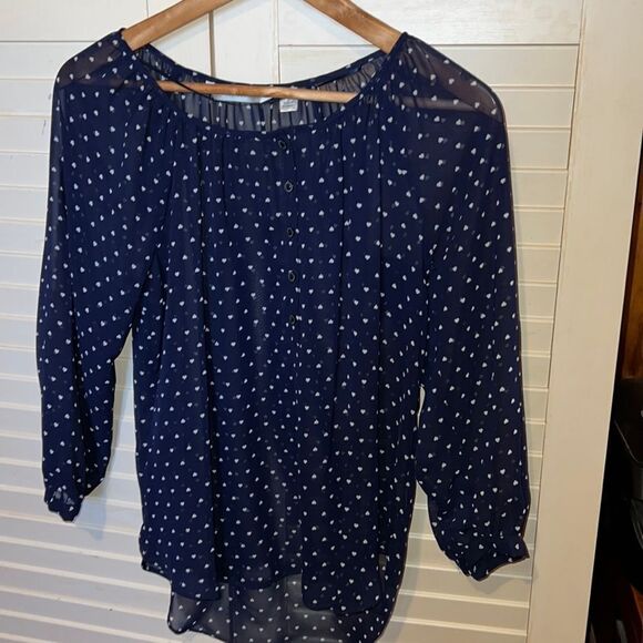Lauren Conrad Heart Print three-quarter sleeve semi sheer blouse - Picture 1 of 4